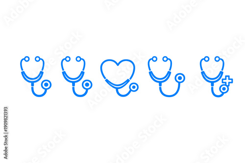A set of five blue medical icons featuring various stethoscope designs and a heart shape on a solid black background. The minimalist line art represents healthcare and cardiology.