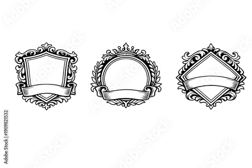 Three ornate white heraldic emblems featuring shields, circles, and diamond shapes with decorative scrollwork and banners set against a solid black background for a vintage look.