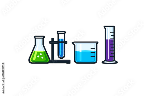 A flat illustration of laboratory glassware including a conical flask, a test tube in a rack, a beaker, and a graduated cylinder filled with colorful liquids against a solid black background.