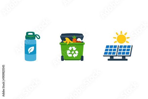 A set of three environmental icons featuring a blue reusable water bottle, a green recycling bin with food scraps, and solar panels positioned under a yellow sun on a black background.