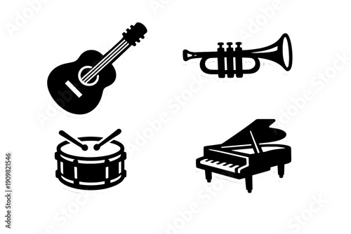 A collection of four black and white musical instrument icons including a guitar, trumpet, drum, and grand piano. Each sticker-style graphic features a white outline on a dark background.