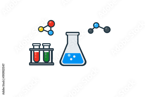 A flat illustration featuring a conical flask with blue liquid, two test tubes in a rack containing red and green fluids, and two molecular structures on a black background.