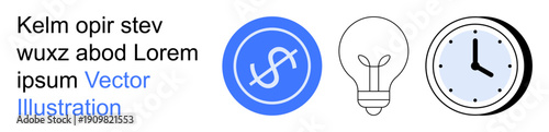 Finance, innovation, time management, productivity tools, business planning, creative thinking. Blue dollar icon, light bulb and clock. Finance and innovation symbols for business concepts