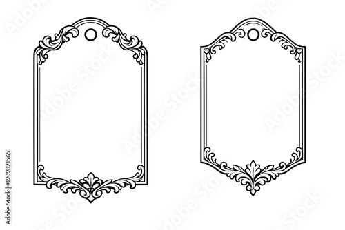 Two decorative white frames with ornate floral scrollwork designs are presented against a solid black background. These elegant labels feature a vintage style with a small hole at the top.
