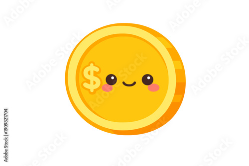 A cute cartoon gold coin with a smiling face and a dollar sign on its side. This kawaii character features pink cheeks and large eyes against a solid black background.