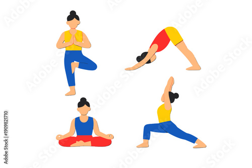 A set of four flat vector illustrations depicting a person performing various yoga poses including tree pose, downward dog, seated meditation, and warrior pose on a black background.