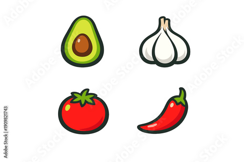 A collection of four stylized food icons featuring a halved avocado, a head of garlic, a ripe red tomato, and a spicy chili pepper, all set against a solid black background.
