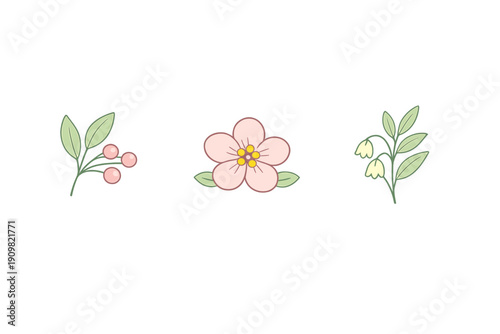 Three simple botanical illustrations featuring a sprig of pink berries, a single pink flower with a yellow center, and a sprig of white bell flowers on a solid black background.