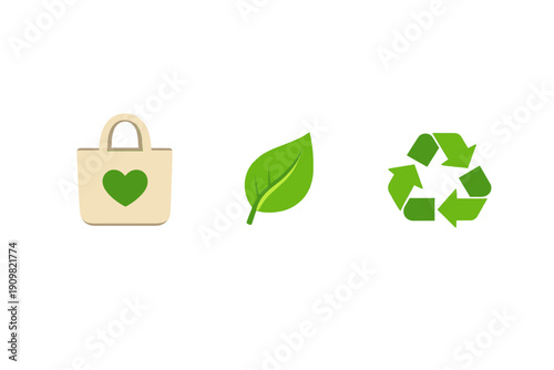 A set of three environmental icons including a reusable shopping bag with a heart, a green leaf, and a recycling symbol, all displayed on a solid black background.