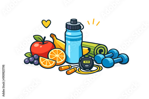 A vibrant vector illustration featuring a collection of healthy lifestyle items including fresh fruit, a water bottle, dumbbells, a yoga mat, a stopwatch, and a jump rope on a black background.