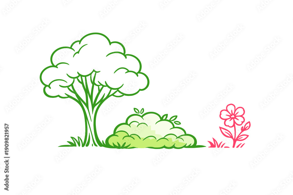 Obraz premium This minimalist line art illustration depicts a green tree, a light green bush, and a single pink flower on a black background. The simple design uses clean lines and vibrant colors.