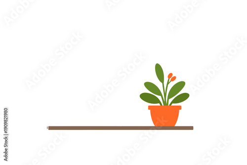 A minimalist illustration of a green potted plant with small orange berries sitting on a brown shelf in front of a simple window frame against a dark background.
