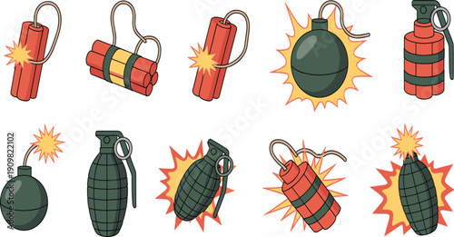 Cartoon explosive weapons set, hand grenades, dynamite bundles, bomb blasts, military icons, flat vector illustration, isolated white background, design, collection