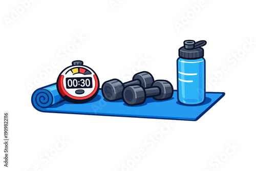 A cartoon illustration of fitness equipment including a blue yoga mat, two grey dumbbells, a digital stopwatch displaying thirty seconds, and a blue water bottle on a black background.