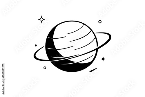 A minimalist black and white illustration of a planet with rings and a single star in the background, featuring clean lines and a simple graphic style on a dark background.