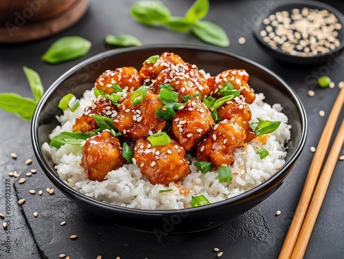 General Tso's chicken served on a bed of white rice, garnished with green onions and sesame seeds in a black bowl on a dark stone surface