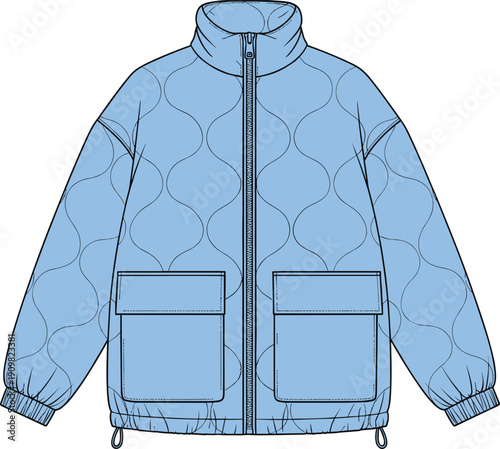 Blue quilted jacket technical flat sketch, fashion CAD drawing, vector illustration outerwear design, winter coat apparel template, garment production