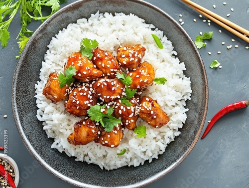 General Tso's chicken served over white rice in a dark bowl, garnished with sesame seeds and fresh cilantro, with chopsticks and chili peppers nearby