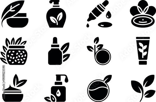 Collection of botanical skincare and cosmetic product icons representing natural ingredients and formulations