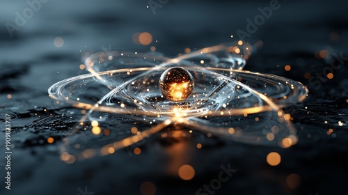 Abstract representation of an atom with light trails circling a luminous central particle