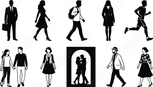 Flat Vector Silhouettes of Diverse People Walking Running and Standing in Casual or Professional Outfits and Romantic Couples