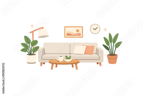 This minimalist vector illustration shows a cozy living room with a light sofa, wooden coffee table, potted plants, a floor lamp, and framed art against a black background.