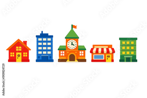 A row of colorful cartoon buildings including a red house, a blue office, a clock tower, a shop with an awning, and a green building, all set against a solid black background.