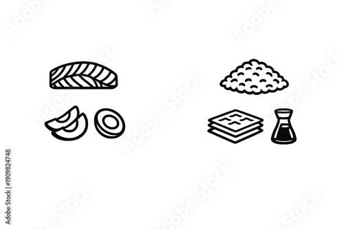 Minimalist black and white line icons of sushi ingredients such as salmon fillet, sliced avocado, rice, nori seaweed, and soy sauce bottle, isolated on a dark background.
