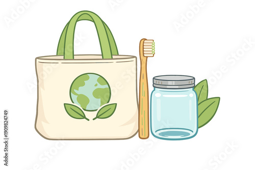 This illustration features a reusable cloth bag with an Earth emblem, a bamboo toothbrush, and a glass storage jar, highlighting sustainable living and environmental conservation.