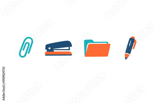 A set of four flat vector icons representing common office supplies including a paperclip, a stapler, a file folder, and a pen, all displayed against a solid black background.