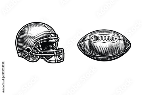 A vintage woodcut style illustration of an American football helmet and a football ball isolated on a black background. The artwork features detailed hatching and engraving techniques.