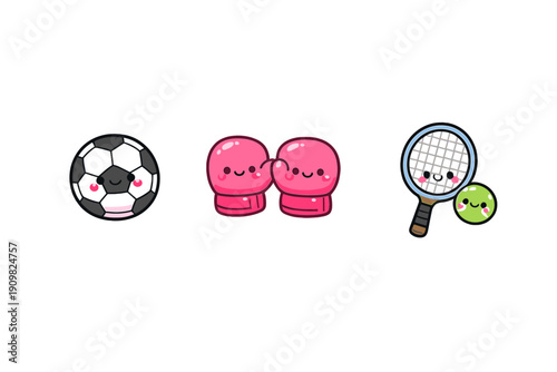 A collection of cute cartoon sports equipment including a soccer ball, pink boxing gloves, and a tennis racket with a ball, all featuring happy faces on a black background.