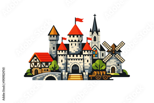 A flat vector illustration of a medieval town featuring a stone castle with red roofs, a church, a windmill, a timber-framed house, a bridge, and a wooden cart on a black background.