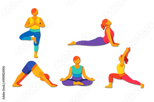 A colorful paper-cut style illustration featuring five stylized figures performing various yoga poses, including tree, cobra, and downward dog, set against a solid black background.