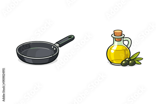 A digital illustration featuring a black frying pan alongside a glass bottle of yellow olive oil, accompanied by fresh green olives and leaves on a solid black background.