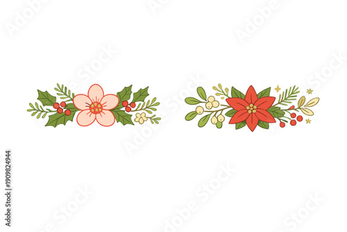Two horizontal Christmas floral borders featuring a pink flower and a red poinsettia with holly leaves, berries, and pine needles set against a solid black background.