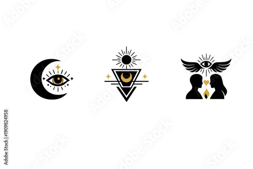 Three golden mystical symbols are displayed on a solid black background, featuring a celestial eye, a crescent moon with stars, and a sacred vessel with a heart and flame.