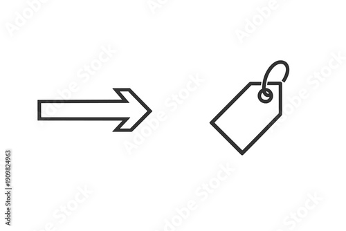 A minimalist illustration featuring simple outlines of a right-pointing arrow and a price tag icon, set against a dark background with subtle vertical dotted lines.
