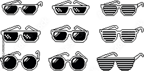 Pixel art sunglasses collection, retro eyewear icon set, black and white vector glasses silhouettes, vintage fashion accessories isolated on light background