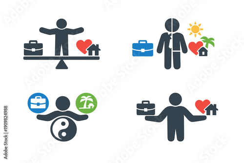 A collection of four flat icons representing work-life balance. Each illustration depicts a person managing professional duties and personal life using symbols like briefcases, hearts, and houses.