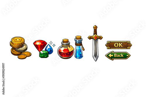 A collection of fantasy game assets including gold coins, colorful gems, red and blue potions, a short sword, and user interface buttons for OK and Back on a black background.