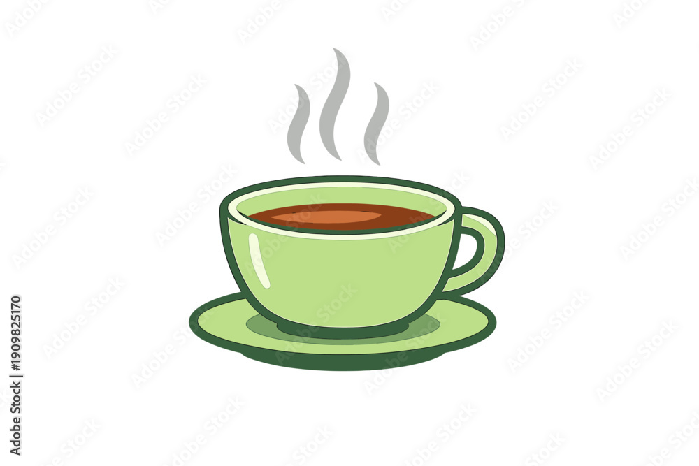 Obraz premium A green ceramic cup and saucer filled with hot steaming brown liquid, possibly tea or coffee, isolated on a black background. The illustration features three wisps of grey steam rising.