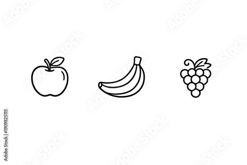 Fotografie A minimalist black and white line art illustration featuring an apple, a banana, and a bunch of grapes arranged horizontally