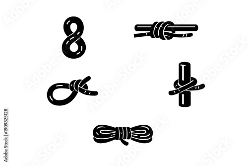 A collection of five white line art illustrations depicting various nautical and climbing knots, including a figure-eight and a bowline, set against a solid black background.