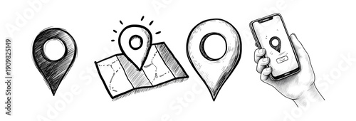 Set of hand-drawn black ink GPS location pin icons and a smartphone mockup featuring navigation map details in a sketchy cartoon style for travel and digital apps