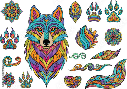Ethnic Mandala Wolf Head Set with Colorful Geometric Patterns Tribal Paw Prints Floral Elements and Ornaments for Boho Style Apparel and Tattoo Designs
