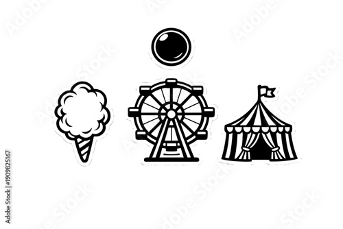 This collection features black and white carnival icons including a cotton candy cone, a Ferris wheel, a circus tent, and a ball, presented as stylized stickers on a dark background.