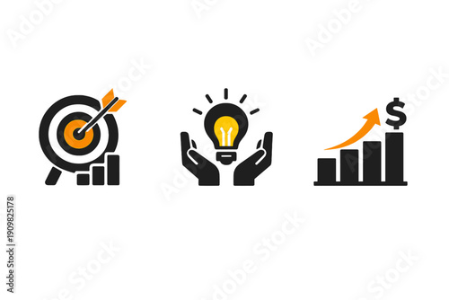 Three business icons in black and orange featuring a target with an arrow, a light bulb held by hands, and a rising bar chart with a dollar sign on a white background.