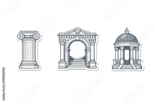 Three stickers featuring classical architectural elements including an ionic column, an arched gateway with stairs, and a domed gazebo, all rendered in a clean grayscale vector style.