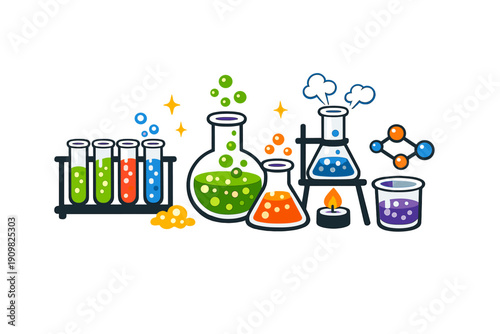 Vibrant vector illustration featuring various laboratory equipment like test tubes, flasks, and beakers containing colorful bubbling liquids against a black backdrop.
